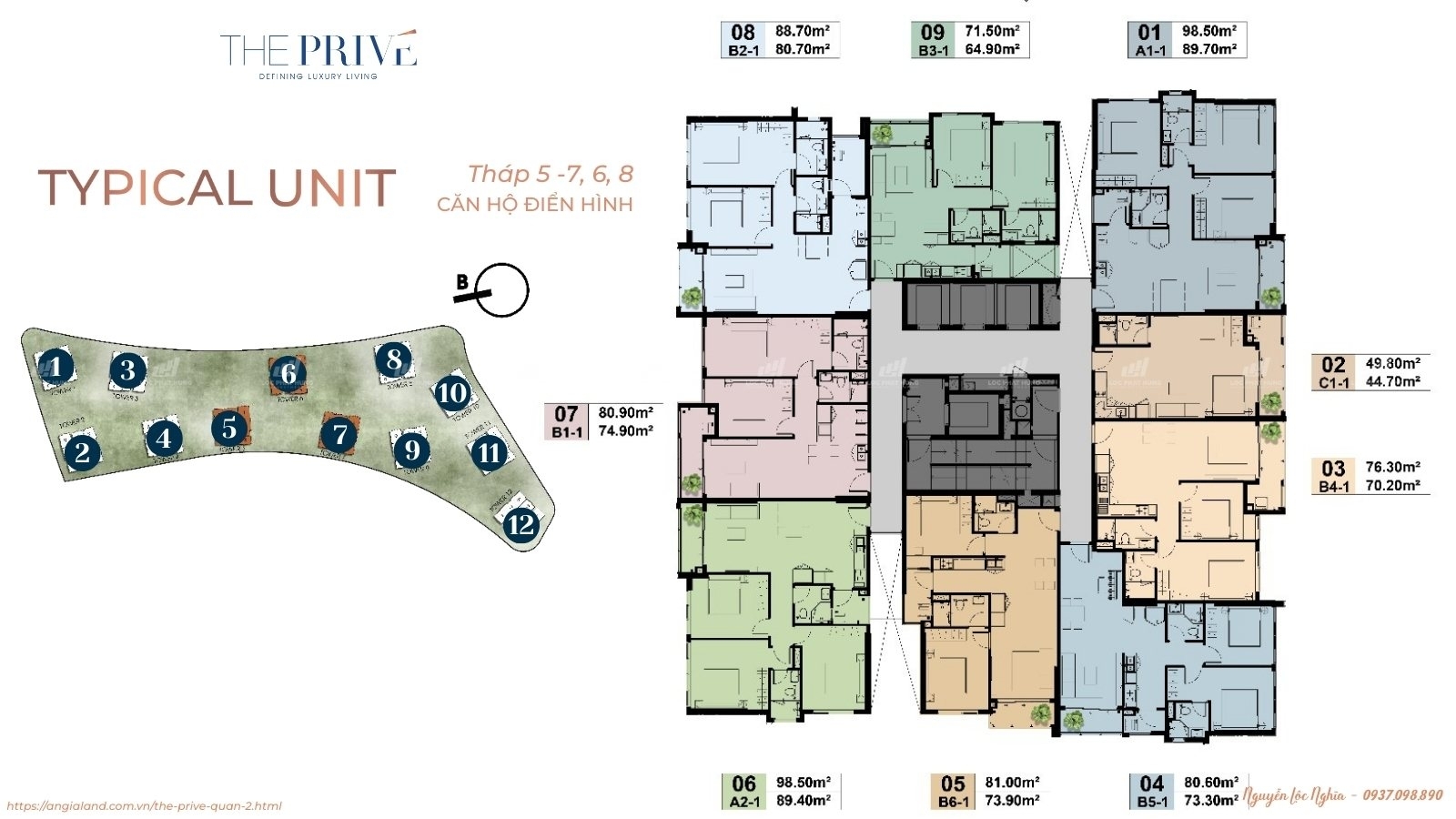 Mặt Bằng Chi Tiết Tầng Điển Hình Tháp 5, 6 và 7 Dự Án Căn Hộ The Privé Quận 2 Đất Xanh