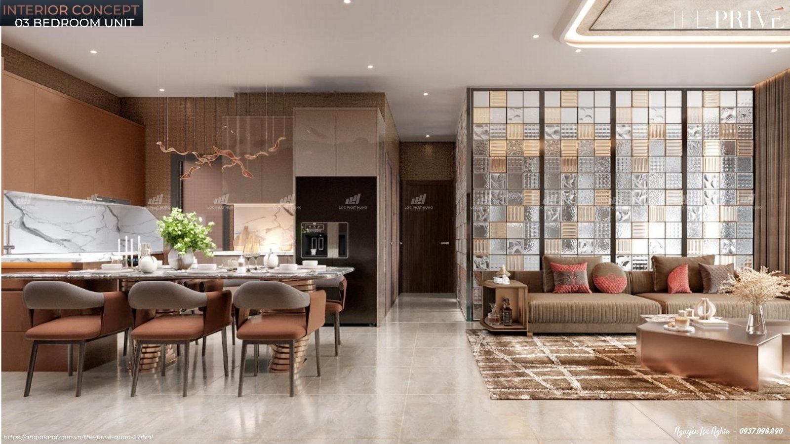 Nhà mẫu căn hộ The Privé loại 3PN - 2WC - 98m² - Thiết Kế Bếp & Phòng Khách