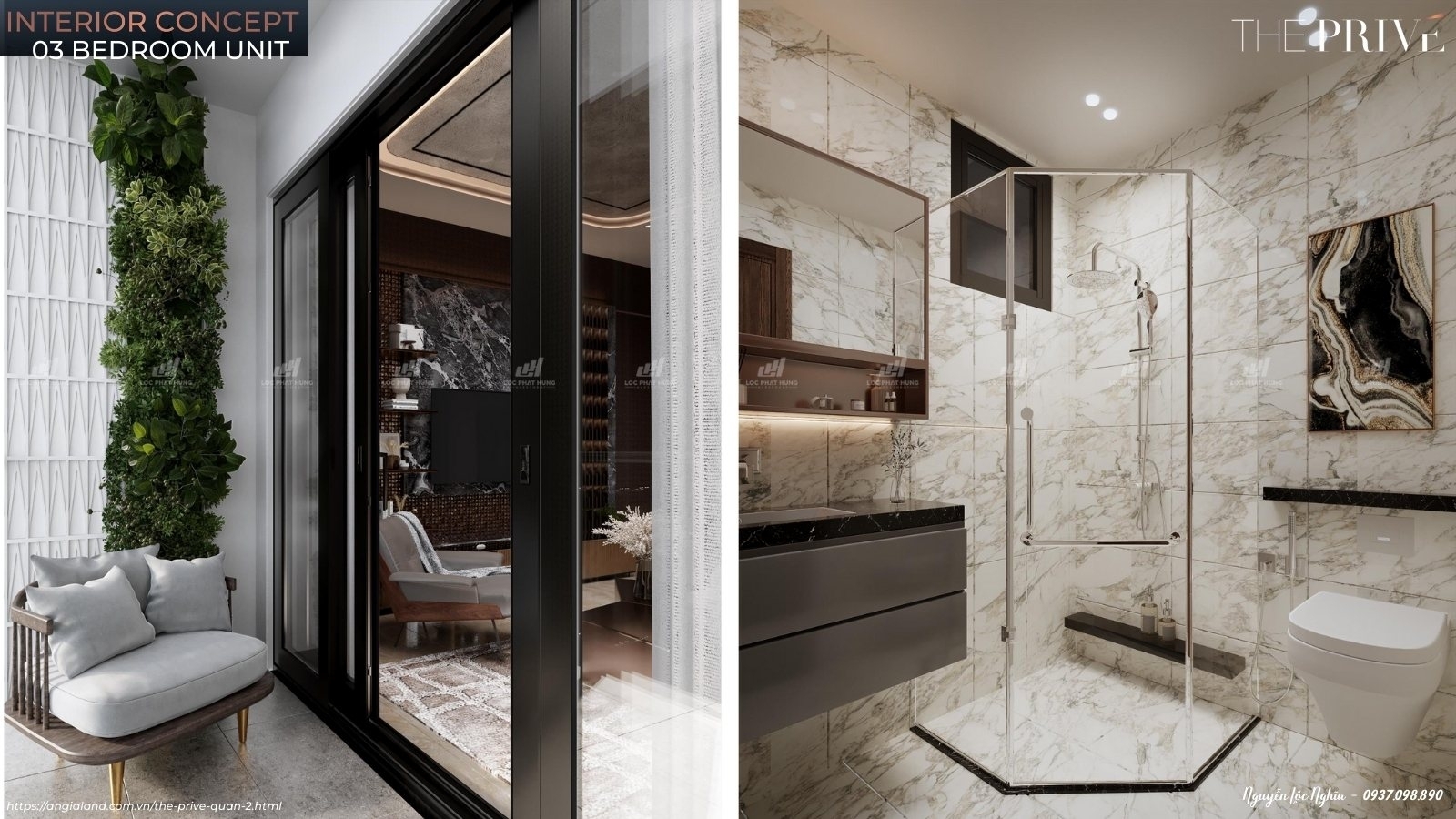 Nhà mẫu căn hộ The Privé loại 3PN - 2WC - 98m² - Thiết Kế Phòng Bancony & WC